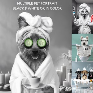 コーヒーとキュウリを持つペットのカスタムバスルーム壁装飾、バスルーム壁アート、トイレプリント、写真からのペットの肖像画、猫好きへのギフト黒白