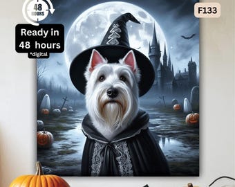 Ritratto di strega di cane di Halloween personalizzato - Arte personalizzata per animali domestici con luna, castello e fantasmi spettrali, regalo personalizzato per animali domestici di Halloween di Terrier bianco