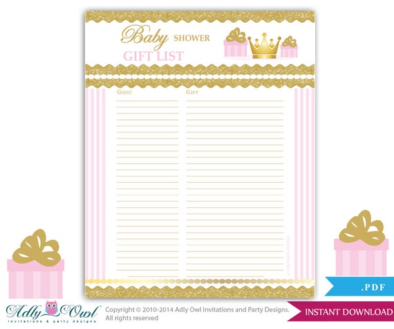 girl princess guest gift list guest sign in sheet card for baby