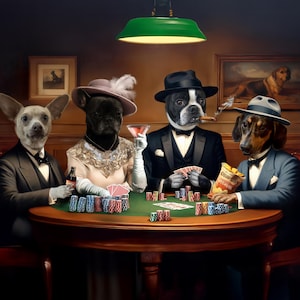 Honden spelen poker aangepast huisdierportret, cadeau-idee voor dierenliefhebber, kerstcadeau 2 huisdierportret, 3 huisdieren, 4 huisdierportret tafelpokerspel