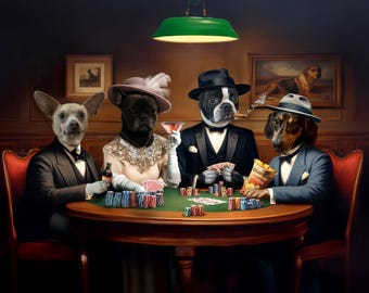 Dogs Playing Poker custom pet portrait,  gift idea for pet lover, Christmas Gift 2 pet portrait, 3 pets, 4 pet portrait table poker game