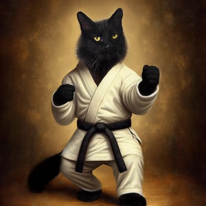 Geschenk für Jungenzimmer mit Katze, lustiges Porträt der schwarzen Katze, Karatekatzenplakat-Wand-Kunstdekor, Kämpferkatzenliebhabergeschenk, Mannhöhlen-Wanddekor