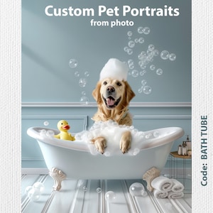 3 pet portrait in a Bathtub, Funny Bathroom Prints, kids Bath Wall Art, Dog Toilet Print, Animal in Bath tube with bubbles rubber duck 1