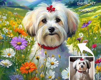 Watercolor Pet Portrait painting, dog in the Wildflower field using Pet Photo, Personalized Digital Dog Portraits Cat with flowers, maltese