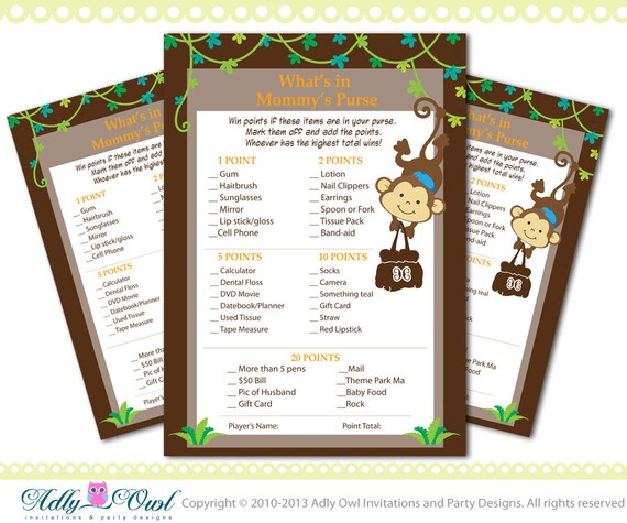 What is in Mommy Purse Game Boy Monkey Baby Shower Game Printable for a Boy Baby Shower Party- brown, green DIY- ONLY digital file - SKU401 Il_570xn