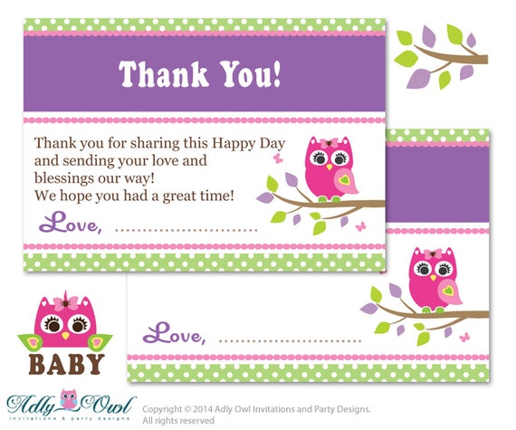 Girl Owl Thank you Card Printable for Baby Girl Shower or Birthday DIY Green Purple , Polka ...