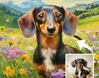 Personalized Watercolor Dog Portrait from Photo, Dog with Flowers Portrait, Loss of Dog Pet Gift Memorial, Dachshund painting portrait gift