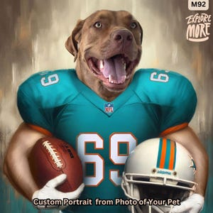 Dog football custom gift for him with dog or cat, Miami football, dog wearing aqua orange jersey wall decor digital or printed art, poster