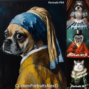 以下が含まれることがあります： 異なる衣装を着た犬と猫のデジタルペイントが3つあります。最初の絵は、青と黄色のターバンと真珠のイヤリングをつけた犬です。2番目の絵は、赤いジャケット、シルクハット、パイプをつけた犬です。3番目の絵は、緑のドレスと王冠をつけた猫です。