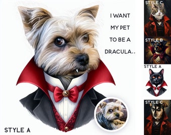 Dracula Dog Painting Print Personalized Cat Painting, Pet Lovers Gift, Vampire fangs Pet Portrait gift, Vampire Yorkie print watercolor art
