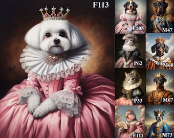 Female Pet Royal Painting personalized gift for dog or cat lover, pet in pink queen or princess dress, custom renaissance portrait wall art