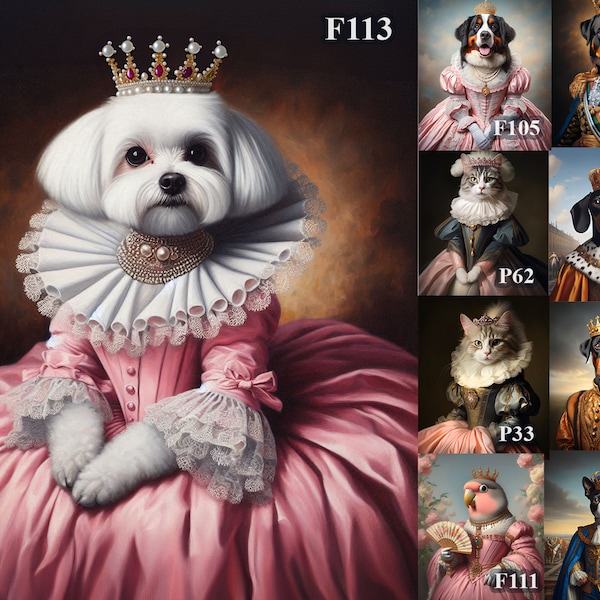 Pintura real de animal de estimação fêmea, presente personalizado para amantes de cães ou gatos, animal de estimação em vestido de rainha ou princesa rosa, arte de parede de retrato renascentista personalizada
