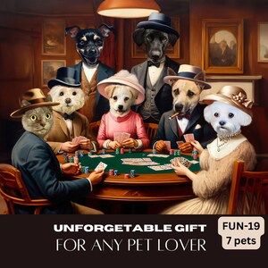 Honden die poker spelen op maat 1-7 huisdierenportret, Vaderdag Grappig cadeau-idee, verzamel alle overleden huisdieren in één personaliseerbare pokerkunst