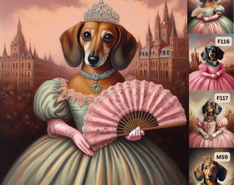 Female Dachsund Royal Painting portrait personalized gift for dog or cat lover, pet in pink queen or princess dress, custom renaissance art