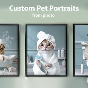 3 pet portrait in a Bathtub, Funny Bathroom Prints, kids Bath Wall Art, Dog Toilet Print, Animal in Bath tube with bubbles rubber duck image 8