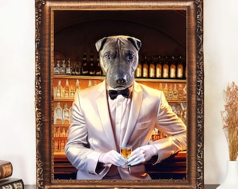 White Tuxedo Custom Pet Portrait in the bar, Casablanca themed movie for man cave, Custom Pet Art, Funny Pet Gift, Father's Day Gift dog dad
