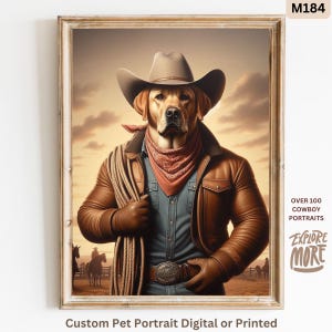 Cowboy benutzerdefinierte Portrait von Ihrem Haustier von pic Western Country Serie, Hunde Liebhaber Geschenk, Katze Cowboy Geschenk, wilde Westen Haustier Kunst, Labrador