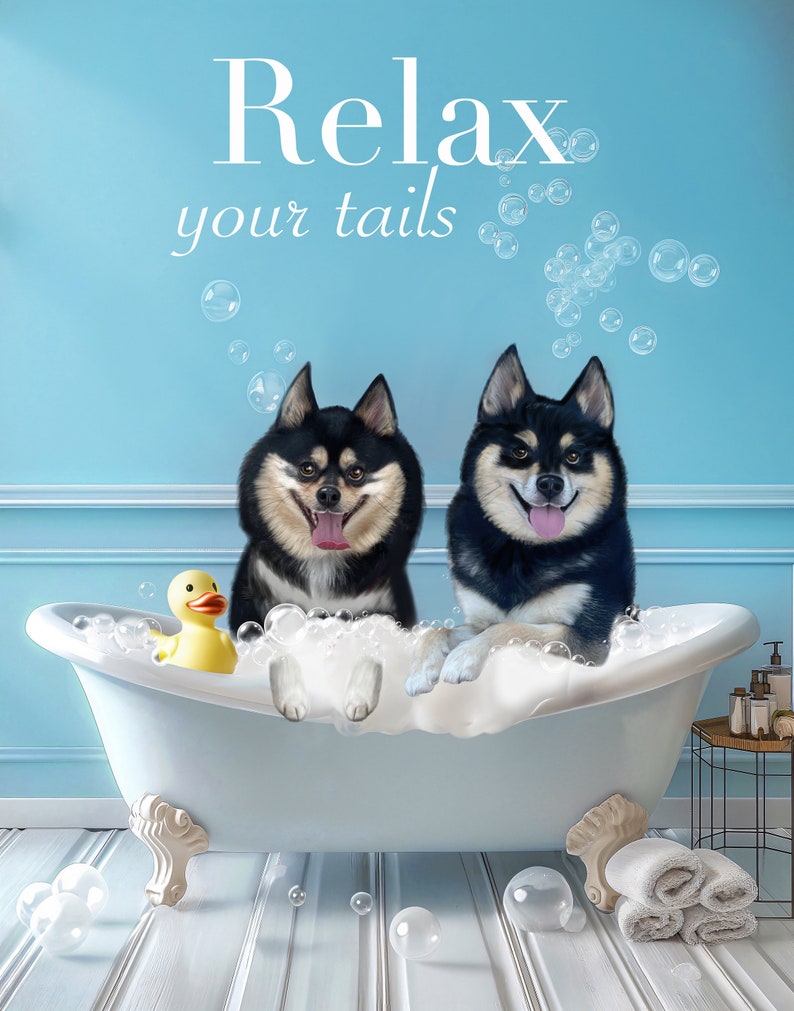 3 pet portrait in a Bathtub, Funny Bathroom Prints, kids Bath Wall Art, Dog Toilet Print, Animal in Bath tube with bubbles rubber duck 2