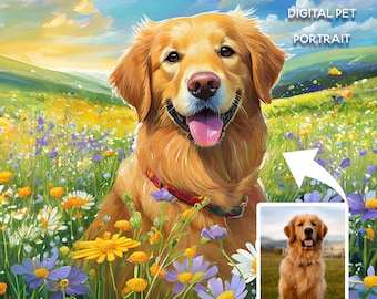 Personalized Watercolor Dog Portrait from Photo, Dog with Flowers Portrait, Loss of Dog Pet Gift Memorial, Golden Retriever painting