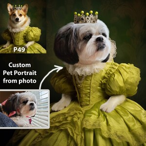 May include: A custom pet portrait from photo showing a dog in a yellow dress, a crown, and a lace collar. The image includes a smaller inset photo of the dog and the text "Custom Pet Portrait from photo".