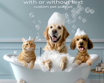 3 pet portrait in a Bathtub, Funny Bathroom Prints, kids Bath Wall Art, Dog Toilet Print, Animal in Bath tube with bubbles rubber duck
