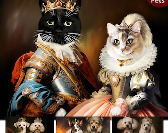 Multiple Pet Portrait, Custom Pet Portrait, Pet Portrait Custom Dog and Cat Portrait, Regal Royal Animal king queen royal pet lover gift