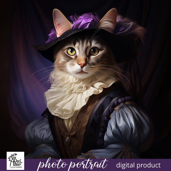 Portrait personnalisé Renaissance de chat, portrait royal de chat, portrait royal de chien comme cadeau pour les amoureux des animaux de compagnie, chapeau vintage chat violet