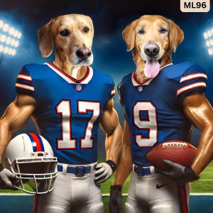Football two pets portrait, multiple football pet portrait, funny dog owner gift. Custom football fan portrait and his dog blue red