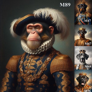 May include: A chimpanzee dressed as a king, wearing a blue and gold robe with a white ruff collar and a blue hat with a white plume. The chimpanzee has a serious expression and is looking directly at the viewer.