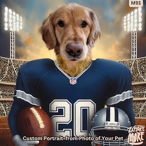 Football pet portrait personalized with your pet from photo, gift for husband, gift for boyfriend, football lover gift, dog football player
