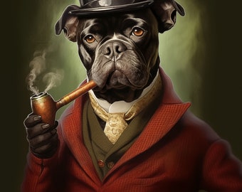 Custom pet portrait dog smoking quill pipe, vintage digital pet portrait, custom dog portrait from photo, Father's day gift