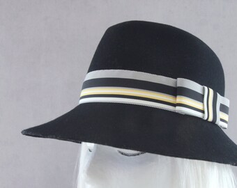 Black Felt Floppy Hat. Wool Wide Brim Hat. Women's Fedora. Ladies' Wool Felt Hat. Black Fedora w/ Yellow Striped Ribbon. Winter Accessory.
