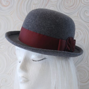 Gray Bowler. Wool Felt Hat w/ Cranberry Ribbon, Beads. Tilt Hat. Perching Ladies' Felted Derby. Grey Hat. OOAK Millinery. Extra Small Hat. image 1