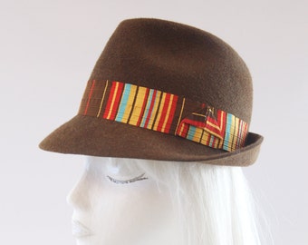 Fall Colors Fedora. Autumn Colored Trilby. Brown Fur Felt Hat with Vintage Yellow & Red Striped Ribbon. Unisex Fedora. Women's Millinery Hat