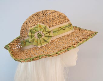 Beach Hat. Wide Brim Seagrass Sun Hat with Green Ribbon Trim. Natural Straw Hat. Women's Summer Fedora. Cockade, Hand Embroidered Millinery