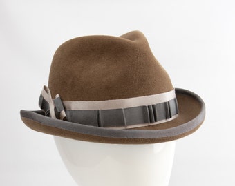 Women's Tan Homburg Hat. Velour Felt Fedora. Brown Vintage-Style Hat. Ladies' Tan and Gray Trilby. Designer Millinery with Pleated Ribbon.