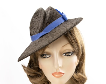 Brown Straw Perching Hat. 1940s Style Straw Hat. Ladies Vintage Millinery. Sisal Straw with Blue Ostrich Feather. Brown Tilt Hat. Retro Hat.