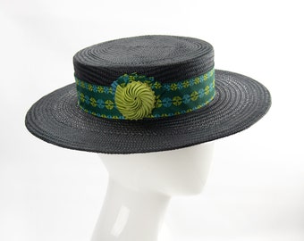 Black Buntal Straw Boater. Wide-Brim Straw Hat with Green Cotton Band and Nautilus Ribbon Cockade. Summer Hat Fashion. Handmade Millinery.