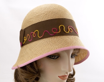 Natural Straw Cloche. Flapper Hat. Light Straw Summer Hat with Brown Band, Hand Embroidered. Pink and Yellow Swirls. Vintage Style Millinery