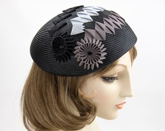 Black Straw Beret. Geometric couture millinery hat. Black, gray, blue origami ribbonwork pillbox w/ cockades. Black parasisal cocktail hat.