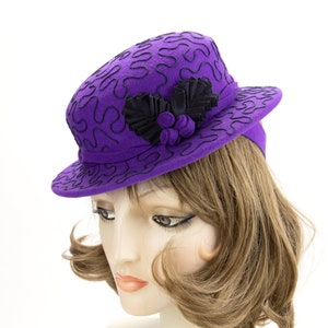 1940s Style Purple Tilt Hat. Violet Wool Perching Hat. Vintage Inspired Percher with Navy Soutache Design. Purple Wool Felt Ladies Millinery image 1