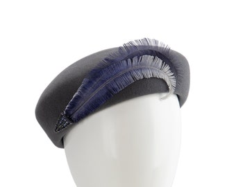 Gray fancy beret. Blocked fur felt beret w/ ombré ostrich feathers. Gray & blue elegant beret w/ hand-beaded decoration. Couture millinery.