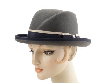 Women's Hat. Gray Fur Felt Homburg. Women's Fedora. Vintage Style Hat. Sculpted Crown, Navy & Beige Ribbon. Designer Millinery. Bowler Hat.