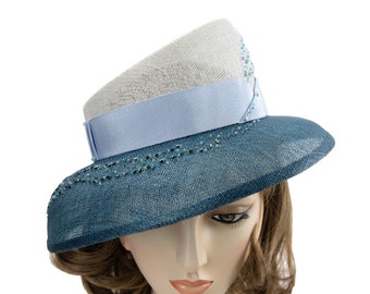 Hand-beaded blue straw hat. Kentucky Derby hat. Two-tone sinamay church hat. Women's wide-brim summer hat. Designer millinery. Easter hat.