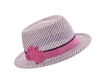 Purple Straw Hat w/ Pink Ribbon. Lavender Porkpie. Women's Summer Pork Pie Hat. Light Purple and White Ladies Fedora. Handmade Millinery.