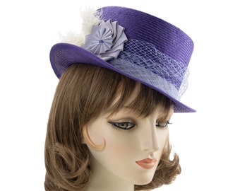 Kentucky Derby Hat. Purple Straw Top Hat. Racing Fashion Millinery. Parasisal Summer Topper. Women's Fancy Purple Top Hat. Cockade, Feathers