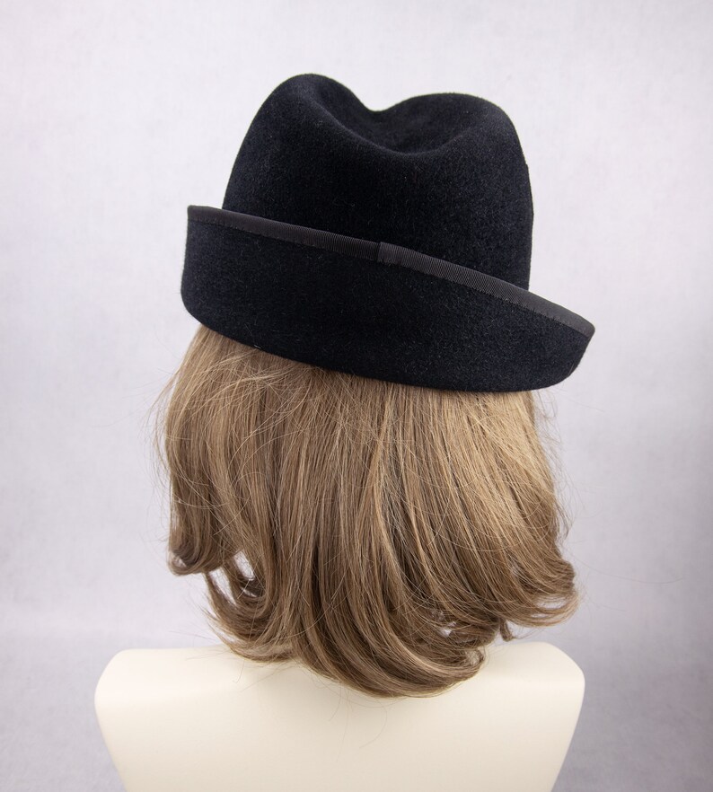 Women's Fedora With Embroidered Feather. Black Velour Fur Felt Hat