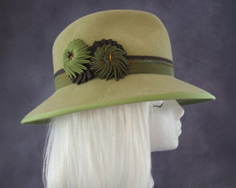 Spring Green Fedora. Wide Brim Women's Hat. Racing Fashion Hat with Ribbon Cockades. Mint Green and Olive Fur Felt Fedora. Ladies Millinery.