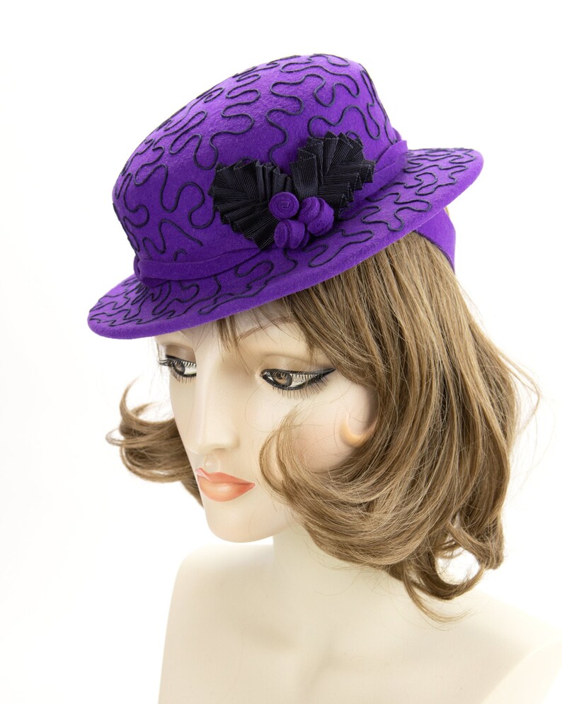 1940s Style Purple Tilt Hat. Violet Wool Perching Hat. Vintage Inspired Percher with Navy Soutache Design. Purple Wool Felt Ladies Millinery image 1