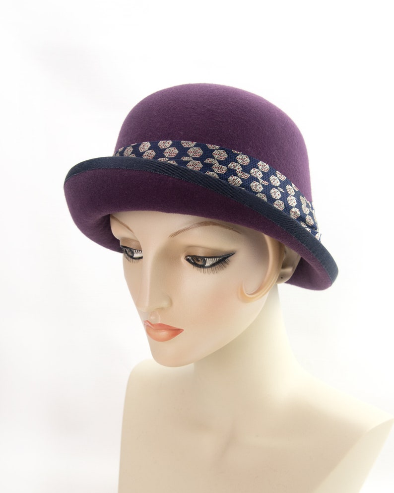 Plum Wool Cloche. Size Small. Flapper Hat With Dice Motif Silk Etsy